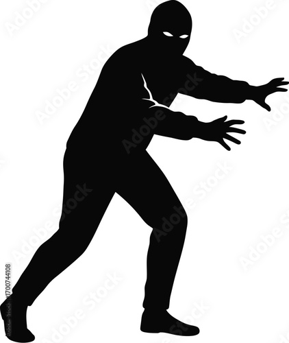 Silhouette of a masked figure with outstretched arms, creating a sense of anticipation and mystery, perfect for crime, security, and suspenseful themes