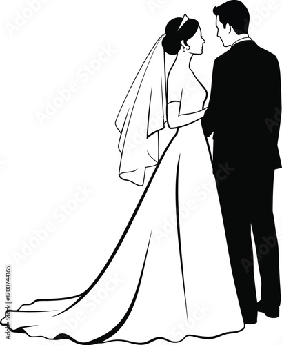 Elegant bride and groom in silhouette, perfect for wedding invitations, announcements, and romantic design projects, capturing love and commitment
