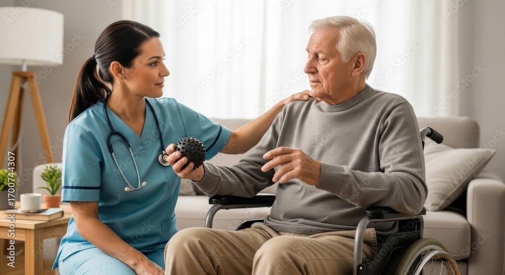 Obraz premium Caring nurse assisting elderly man with rehabilitation exercises at home