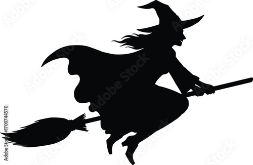Spooky witch silhouette soaring through the night sky on her broomstick, perfect for Halloween designs and eerie themed parties, evoking mystery and magic