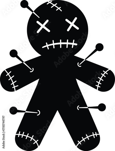 Spooky voodoo doll silhouette with pins for Halloween designs, perfect for scary themes and mysterious projects with an edgy, occult vibe