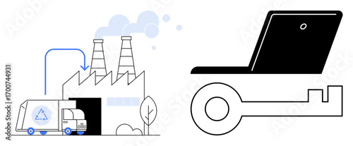 Truck delivering recycling materials to a factory, linked to a laptop-shaped key. Ideal for sustainability, technology, cybersecurity, recycling, industrial innovation, eco-awareness, green