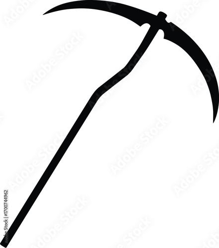 Spooky scythe silhouette against white backdrop, perfect for Halloween designs, eerie themes, and graphic novel illustrations with a chilling touch and vintage appeal