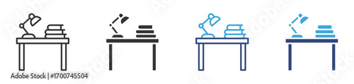 A desk with lamp and books icon set .Study table icon , vector illustration .