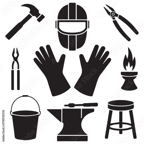Collection of blacksmithing tools and safety equipment for metalworking and forging including anvil hammer tongs gloves and welding mask