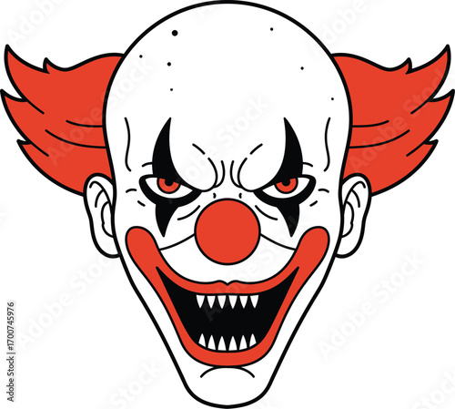 Spooky clown face with red hair and menacing grin, perfect for Halloween designs or horror themed media, creating a chilling and unsettling atmosphere