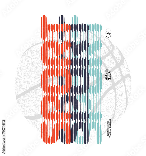 Modern basketball typography design with glitch-style vertical stripes, halftone basketball background, Perfect for t-shirt graphics, sportswear branding, athletic posters, and streetwear fashion.
