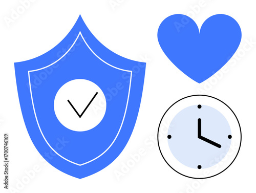 Blue shield with checkmark, heart, and clock signifying security, trust, love, and time. Ideal for healthcare, insurance, time management trust-building work-life balance safety tips simple