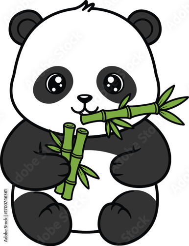 Adorable cartoon panda bear munching on bamboo shoots against a soft pink background creates a playful and heartwarming scene for children's products and designs