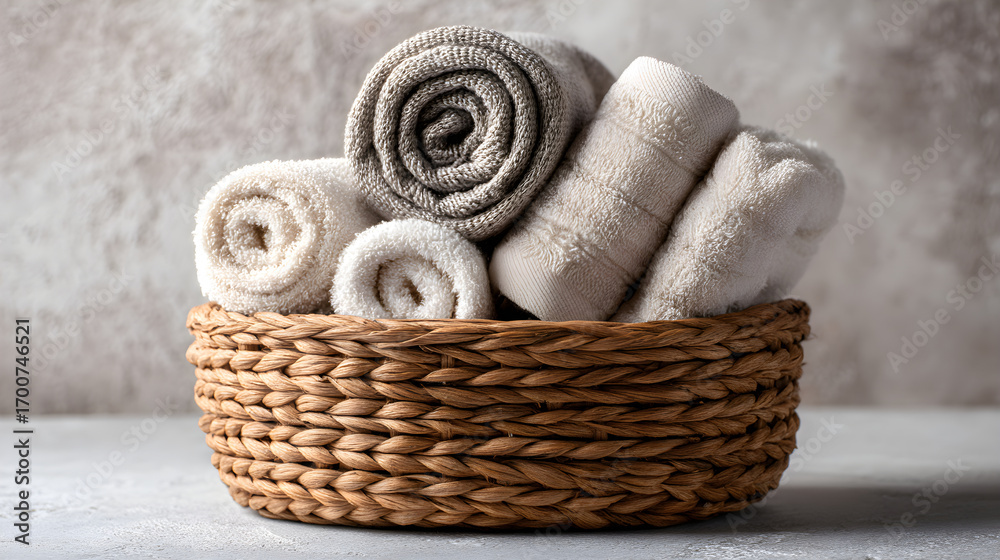 Obraz premium Rolled towels resting in woven basket on bathroom counter