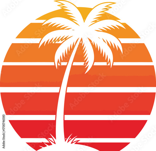Retro vibes with a palm tree sunset design, perfect for summer promotions or vacation-themed graphics, radiating warmth and a carefree island life aesthetic
