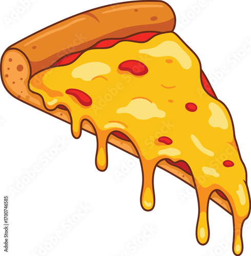 Cartoon slice of pizza with melted cheese dripping down against a vibrant blue background, perfect for social media, menu designs or playful branding