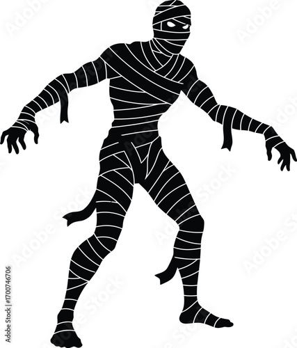 Terrifying mummy silhouette emerging from ancient tomb, perfect for Halloween, horror, and spooky themed projects creating immediate chills and thrills.