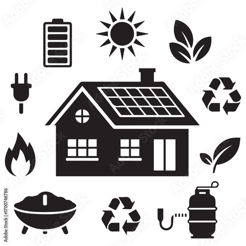 Conceptual illustration of a sustainable energy house with solar panels and various renewable energy symbols surrounding it