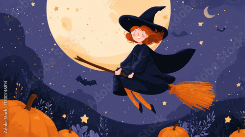 Cheerful halloween witch flying on broomstick across moonlit sky with pumpkins and glowing stars