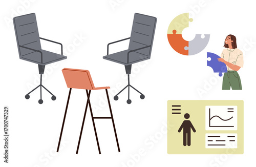 Office chairs, barstool, person holding puzzle piece, pie chart puzzle, data visualization board. Ideal for teamwork, brainstorming, creativity, management collaboration problem solving simple