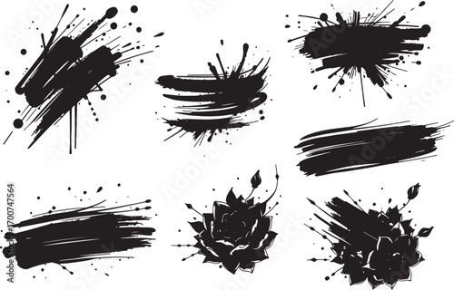 Brush set. Vector black paint brush spots, highlighter lines or felt-tip pen marker. Ink smudge abstract shape stains and smear set with texture