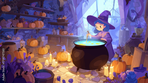 Cheerful halloween witch stirring glowing potion in cauldron with pumpkins and candles around