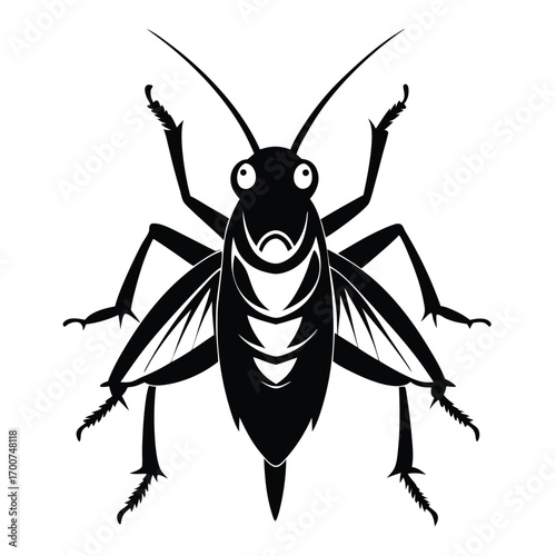 Stylized Silhouette of a Cheerful Cricket, A Detailed Black and White Insect Illustration, Perfect for Nature Enthusiasts and Graphic Designs