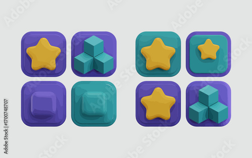 Colorful Isometric Icons Representing Stars and Cubes for Creative App or Game Design Concepts