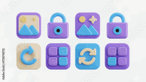 Charming Collection of 3D Iconography Featuring Secure Locks Refresh Arrows and Creative Graphic Elements in Pastel Tones