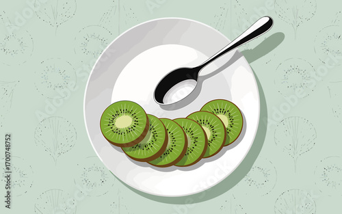 Fresh and Vibrant Kiwi Slices on a Plate with Spoon Top View Healthy Eating and Refreshing Tropical Fruit