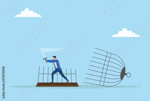 Vector illustration of a businessman cutting a cage with a sword symbolizing breaking limitations, overcoming challenges, achieving freedom and business success
