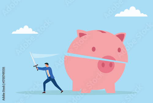 Vector illustration of a businessman cutting a piggy bank with a sword, symbolizing breaking savings, bold financial decisions, or strategic investments
