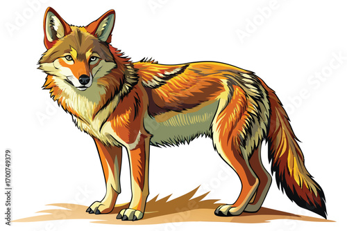 Vibrant Coyote Illustration Standing Tall, Showcasing Detailed Fur Texture and Striking Color Palette in a Classic Wildlife Depiction
