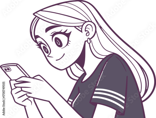 Anime-style vector illustration of a young woman with long straight hair holding a smartphone.
