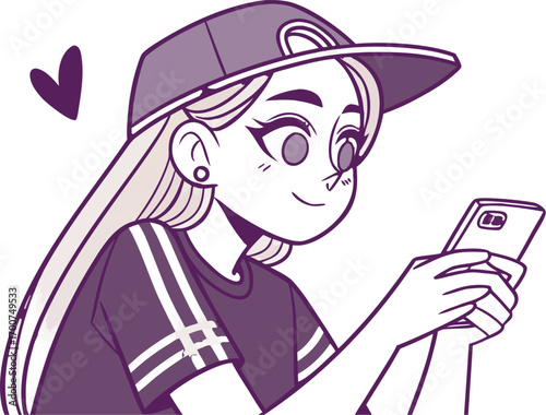 Anime-style vector illustration of a young woman with long straight hair holding a smartphone.