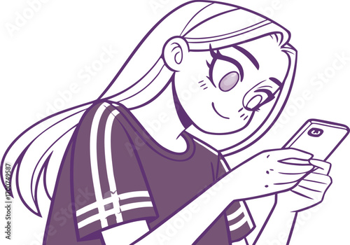 Anime-style vector illustration of a young woman with long straight hair holding a smartphone.