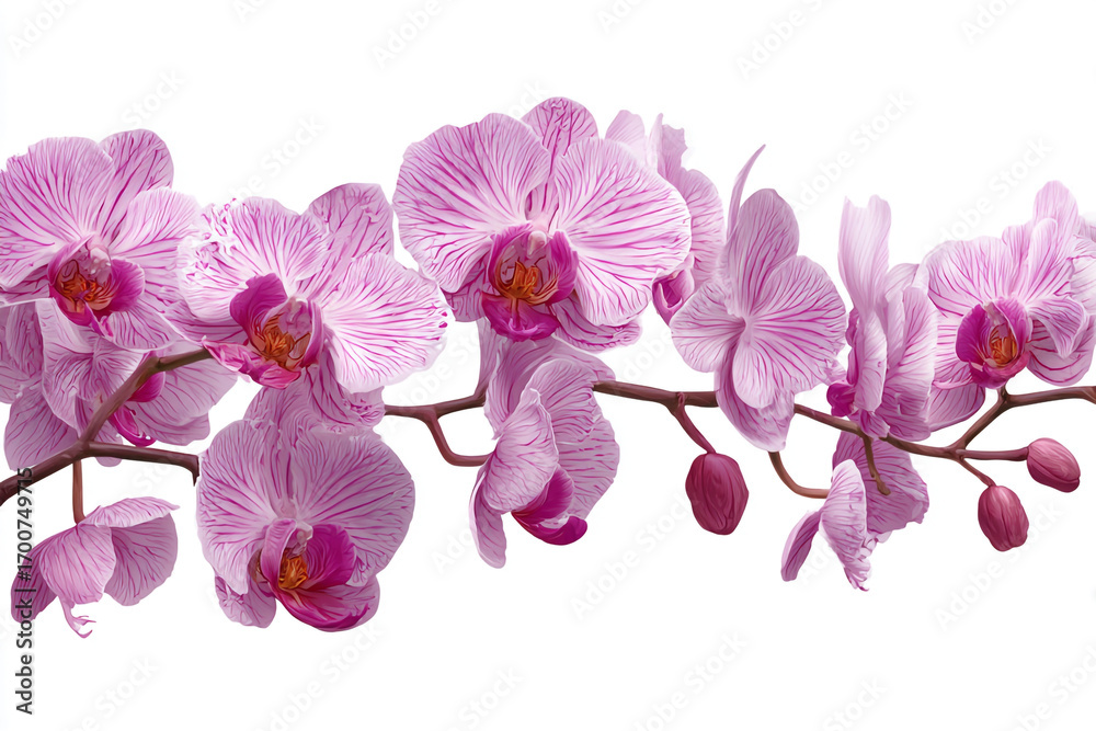 Naklejka premium Pink orchids blooming on a branch isolated on white background a beautiful floral display