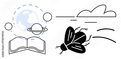 Open book projecting planetary system, Earth, Saturn, clouds, and a flying insect. Ideal for storytelling, education, imagination, exploration creativity nature and science in a simple flat