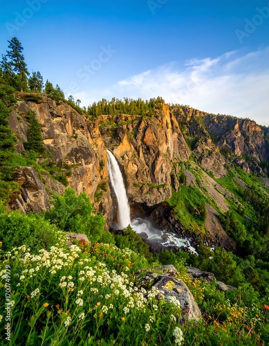Waterfall cascading down rocky cliffs, surrounded by wildflowers