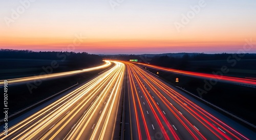 Stunning Sunset Highway: Long Exposure Photo of Traffic Lights Trails at Dusk.