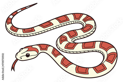 Cartoon Snake with Red Markings Curled Up and Showing Tongue Isolated on White Background in a Fun Artistic Style