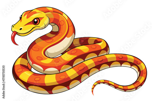 Colorful Cartoon Snake with Orange and Yellow Scales Coiled and Ready to Strike With a Red Tongue Visible