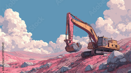 Massive excavator working on bright red terrain under vivid blue sky and fluffy clouds with a dramatic cinematic landscape feel for marketing.

