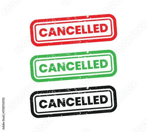 Three cancelled stamps red green black rectangular shapes isolated transparent background