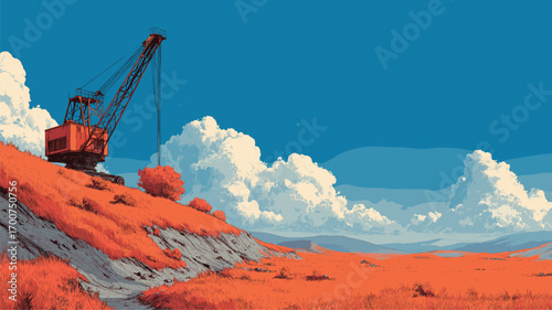 Large dragline crane on red hillside beneath deep blue sky with bright clouds in a striking minimalist industrial landscape for promotional design.

