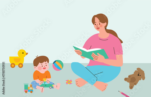Mother reading a book to her child in a room