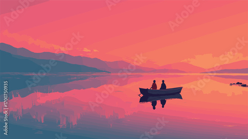 Small boat floating on calm reflective lake at vibrant pink orange sunset with distant mountains in a peaceful tranquil scene for wall art.

