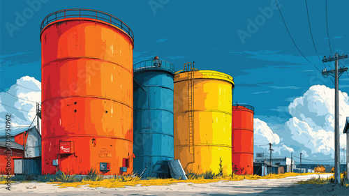 Bright orange yellow and blue industrial silos against deep blue sky with white clouds in a bold graphic composition for branding use.

