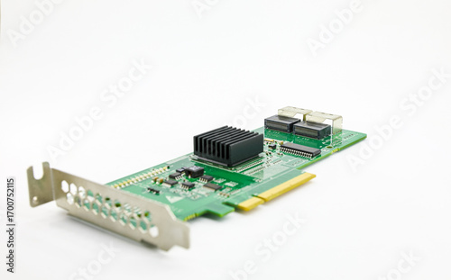 Disk array controller card( Raid ) with double mini sas connector isolate on a white background.