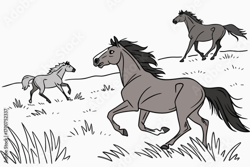Wild Horses Running Freely Across the Open Fields a Depiction of Freedom and Harmony with Nature in a Stylized Manner