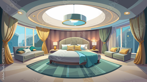 Very beautiful panoramic 360 panorama view of a minimalist luxury bedroom, with a cream upholstered bed, soft gray walls, sheer curtains, and subtle lighting, exuding tranquility, elegance, and modern