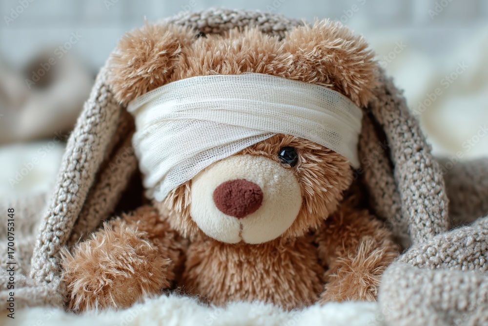 Fototapeta premium a teddy bear with bandages on its eyes and head, wrapped in a soft blanket. the background is light-colored, creating an atmosphere of comfort for the sick child. 