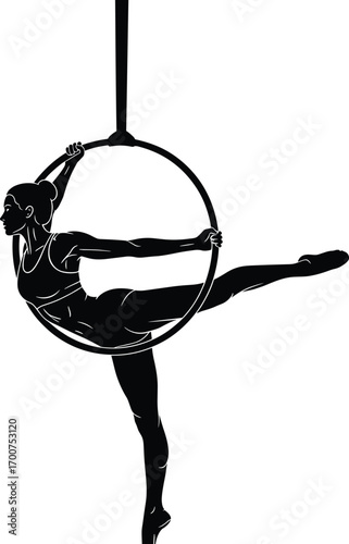 Silhouette of aerial hoop performer suspended in Lyra, graceful pose, strength, flexibility, balance, black and white, white background, elegance