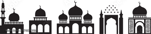 Set of black mosque silhouettes with domes and minarets for Islamic architecture design projects.